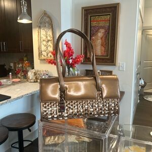Sharif Metallic Gold/Brown Patent Leather Woven with Calf Hair Shoulder Bag EUC